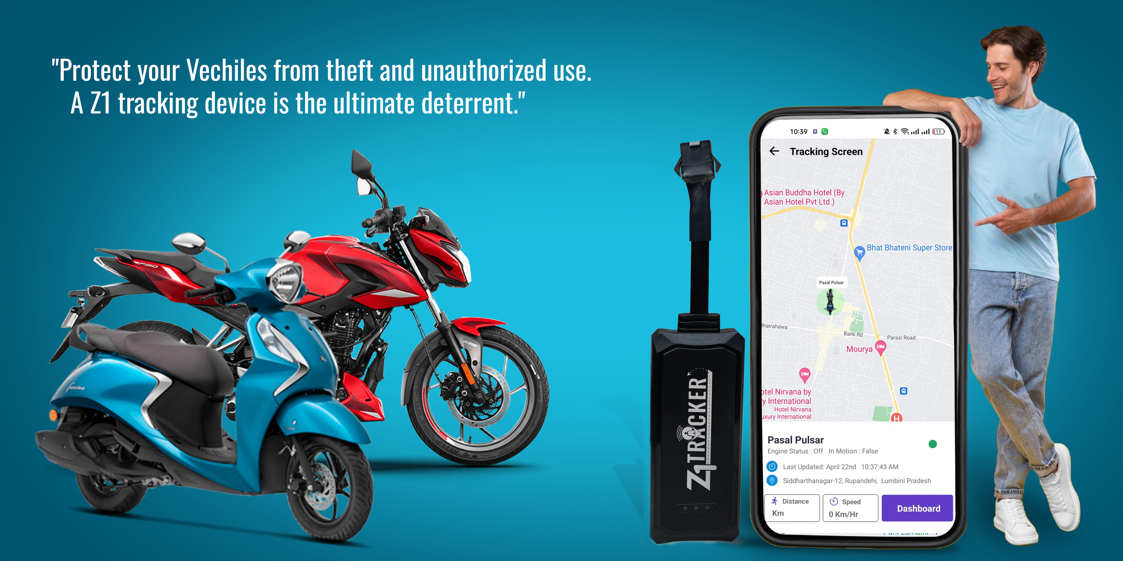 Z1 Tracker GPS device protecting a motorbike and car in Nepal